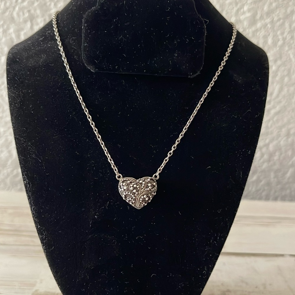 Lois Hill Sterling Silver Granulated Filigree Puffed Heart Necklace 925